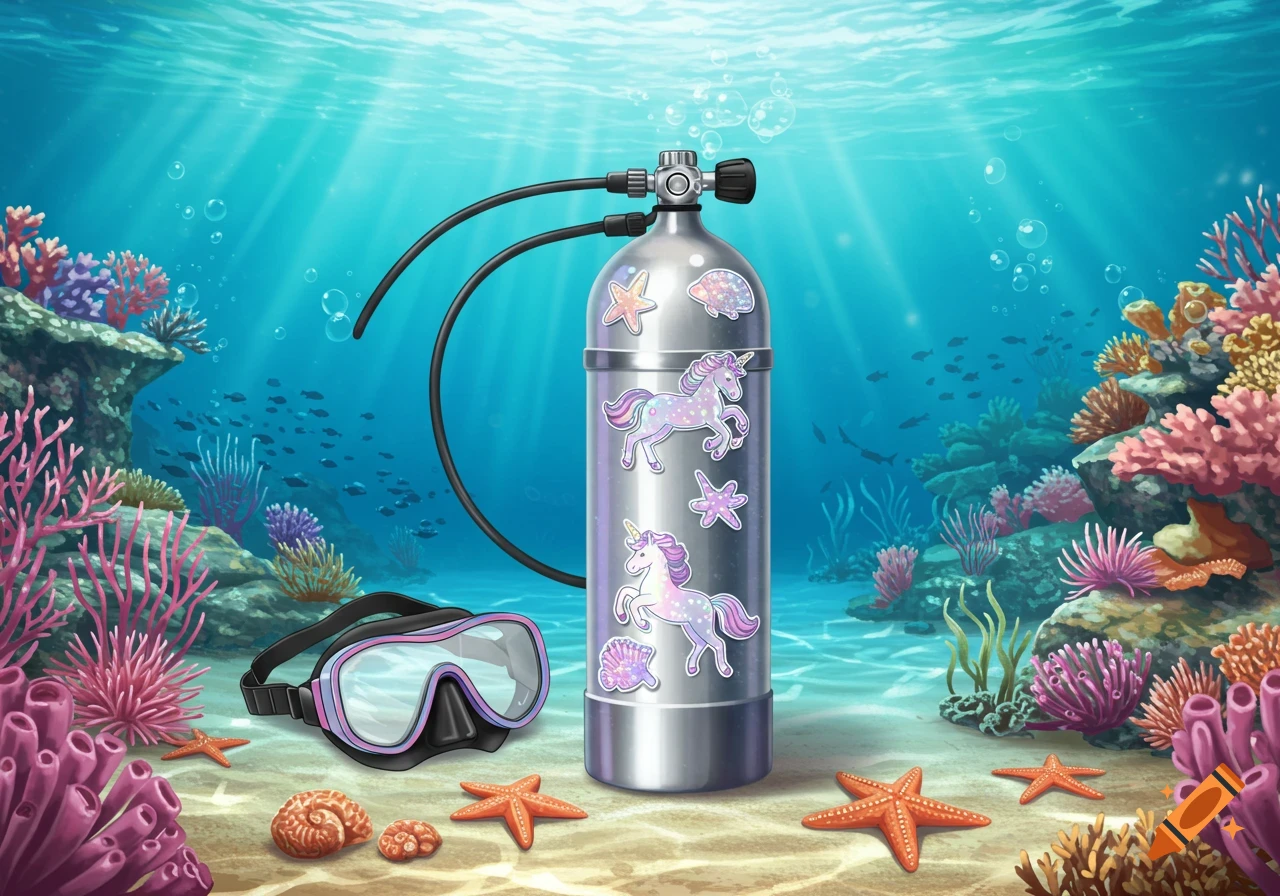 An illustrated underwater scene featuring a silver scuba tank adorned with sparkly unicorn and seashell stickers, a black and purple diving mask, starfish, and colorful coral reefs. Sunlight streams through the blue water, creating light rays on the sandy bottom.