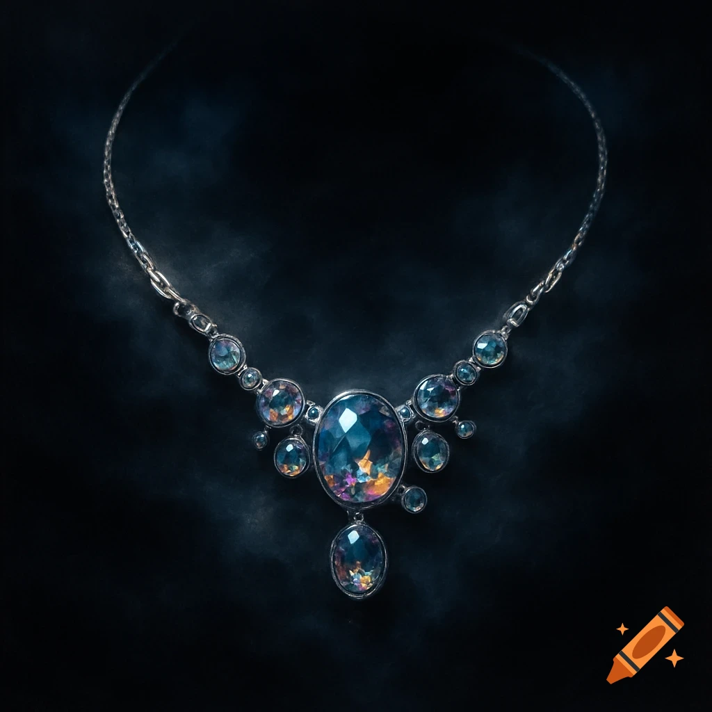A silver necklace with iridescent, faceted blue and purple gemstones on a dark, smoky background.