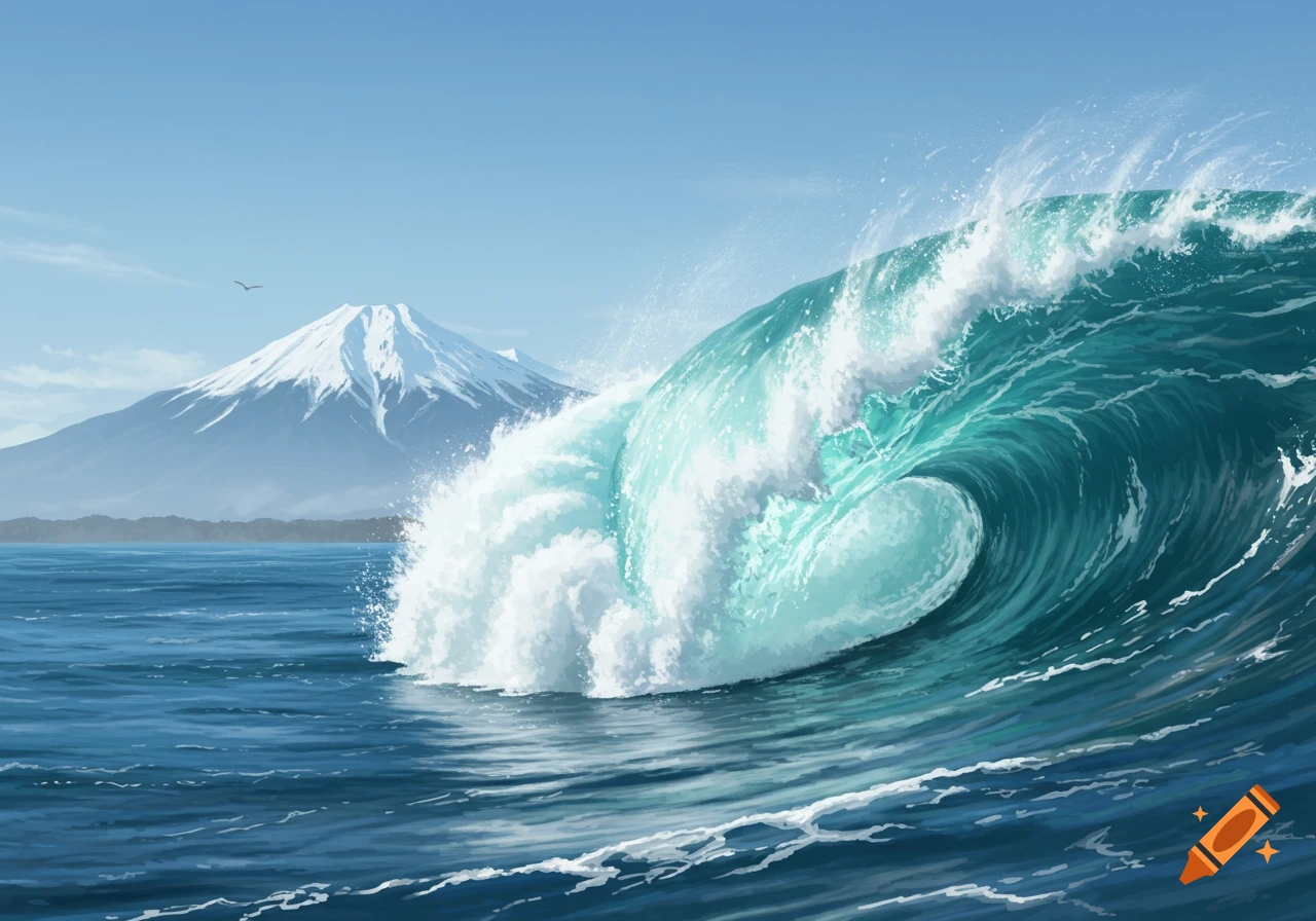 A powerful turquoise wave crests in the ocean with a snow-capped mountain in the background under a clear blue sky, in a drawn style.