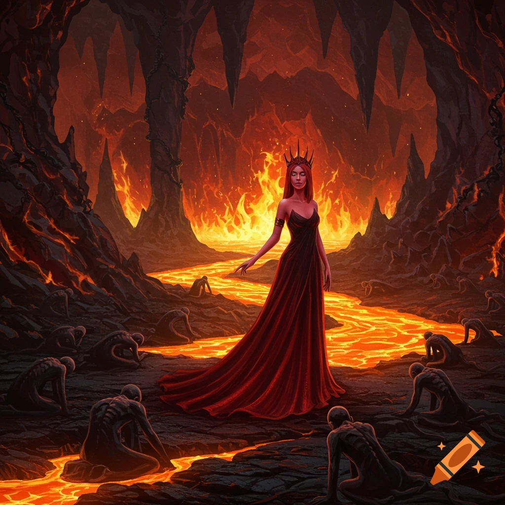 A woman in a flowing red gown and crown stands in a fiery hellscape with lava rivers, surrounded by skeletal figures.