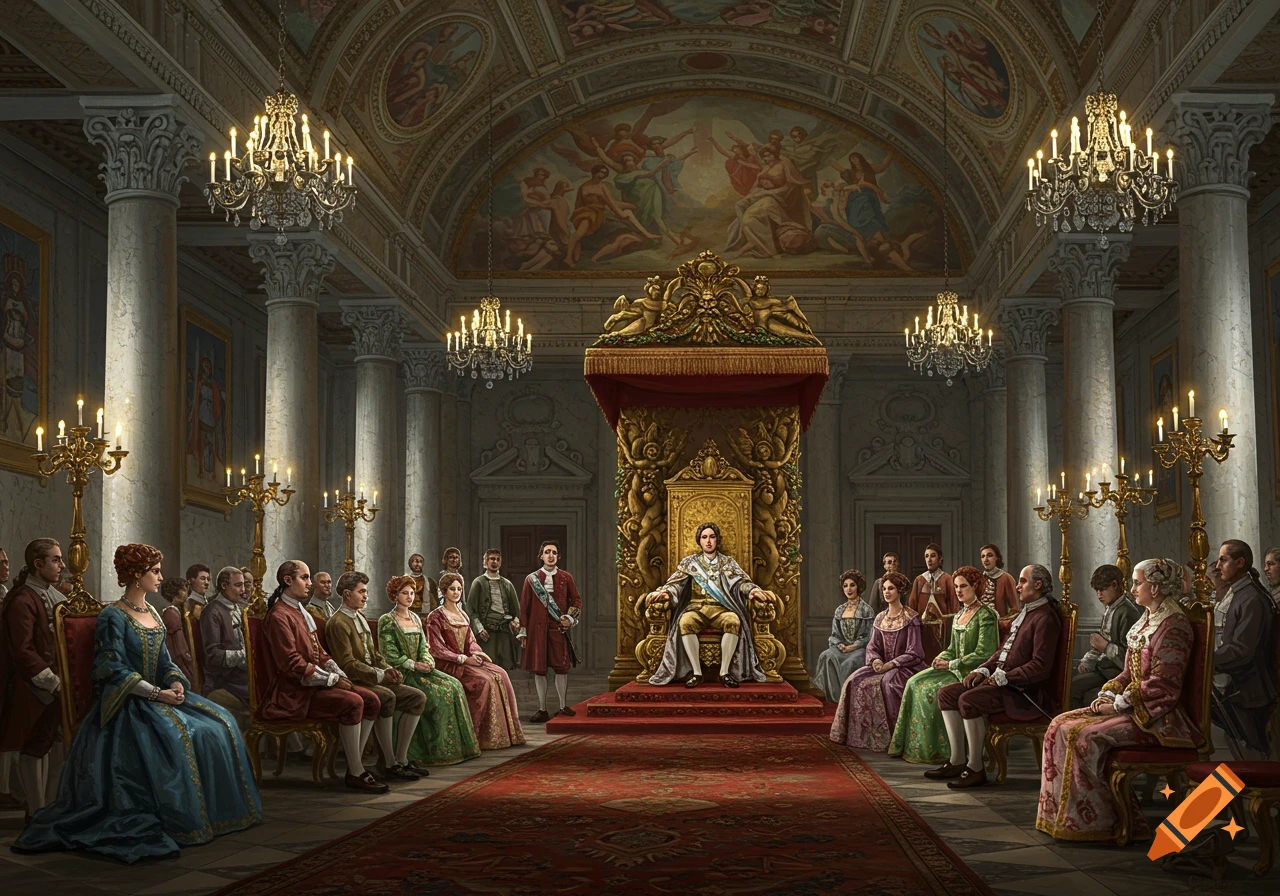 A king sits on an ornate golden throne in a grand hall, surrounded by nobles in period attire, with chandeliers and ceiling frescoes.