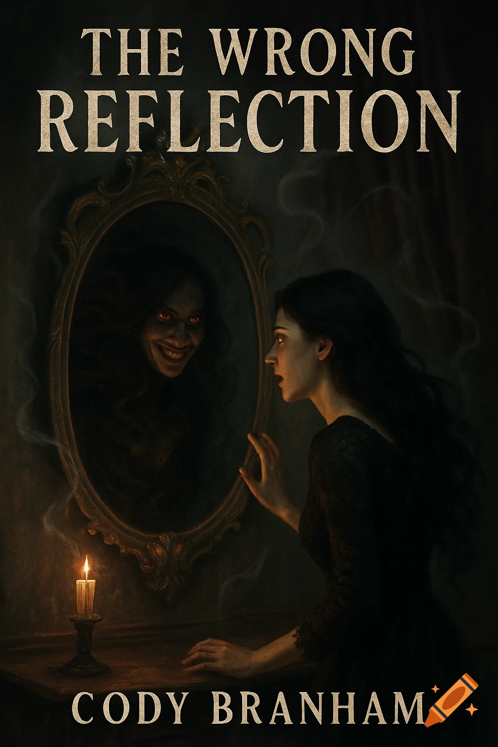 A horror book cover titled "The Wrong Reflection." A woman in a dark room looks into an ornate mirror, seeing a demonic reflection of herself with glowing red eyes and a wide smile.