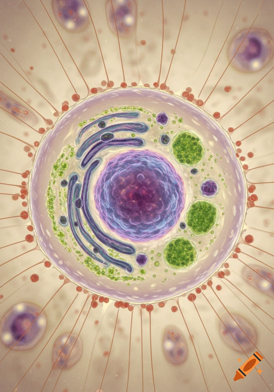 A highly detailed, stylized illustration of a eukaryotic cell with a purple nucleus, blue organelles, and green structures, surrounded by fine red filaments.