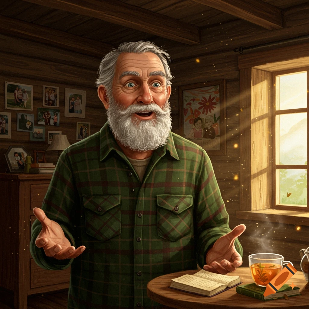 An old man with a grey beard, wearing a plaid shirt, looks surprised in a cozy, rustic cabin, with a teacup and book on a table.