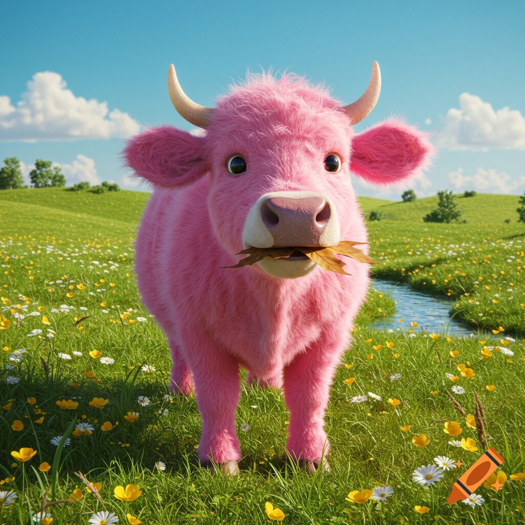 A fluffy pink cow with small horns holds a brown leaf in its mouth, standing in a vibrant green meadow filled with yellow and white wildflowers under a bright blue sky.