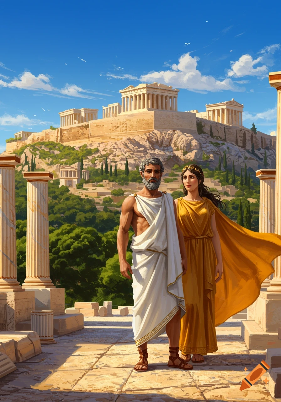 A man and woman in ancient Greek attire stand before the majestic Acropolis under a blue sky, in an illustrated style.