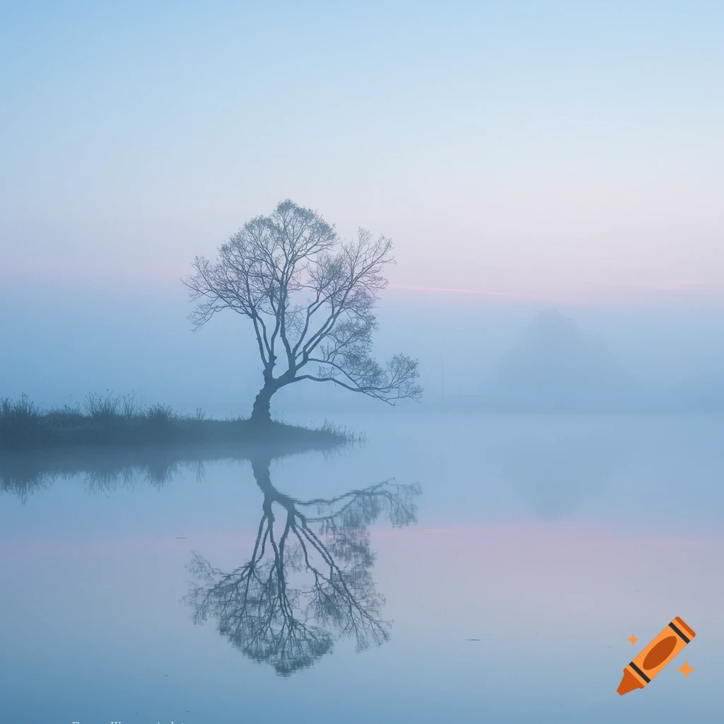 A lone, bare tree stands on a small misty island, perfectly reflected in a calm, foggy lake under a soft twilight sky.