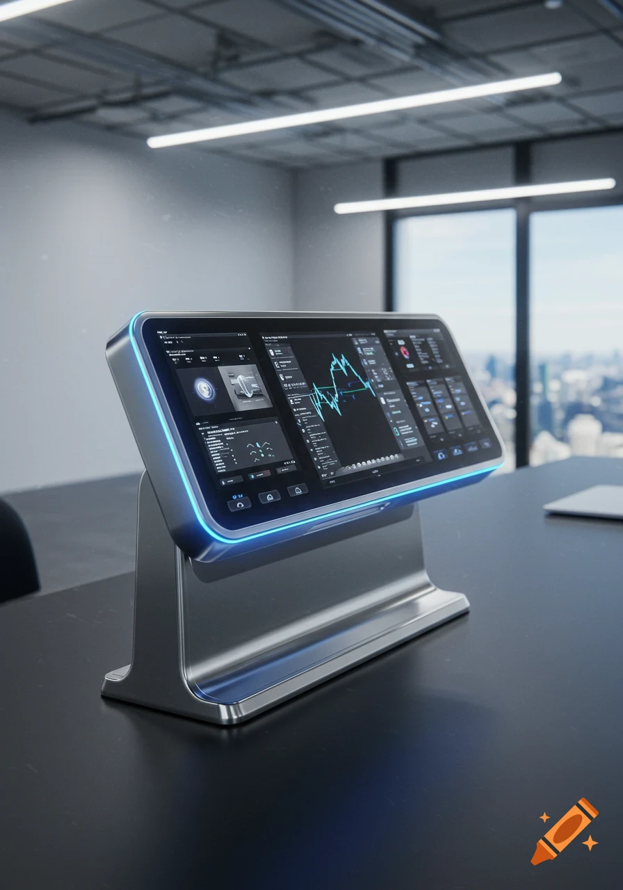 A sleek, modern tablet-like docking station with a glowing blue edge displaying data charts and UI, on a black desk in an office with a city view.