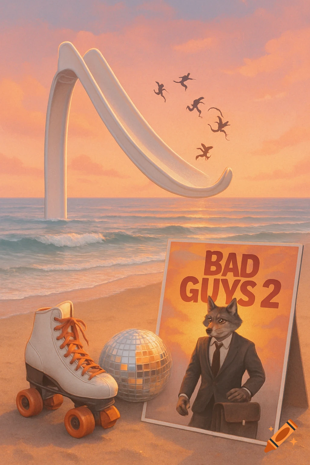 A surreal beach at sunset with a huge white slide, roller skates, a disco ball, and a poster of a wolf in a suit titled 'BAD GUYS 2'.
