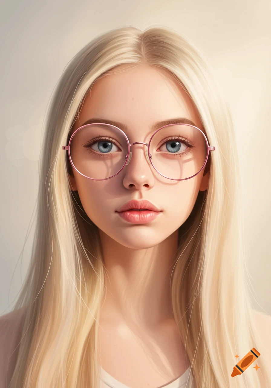 Digital painting of a young woman with long blonde hair and blue eyes, wearing pink round glasses, looking directly at the viewer.