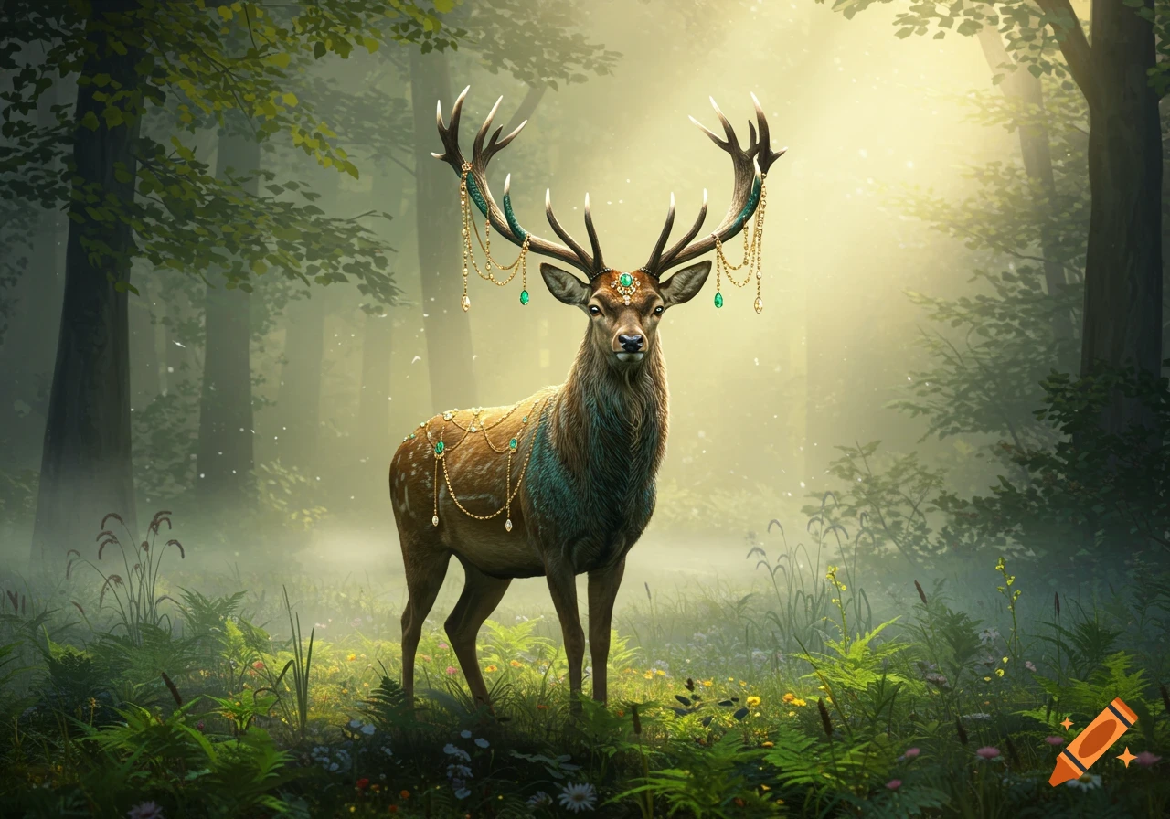 A majestic deer with jeweled antlers and body adornments stands in a misty, sunlit fantasy forest.