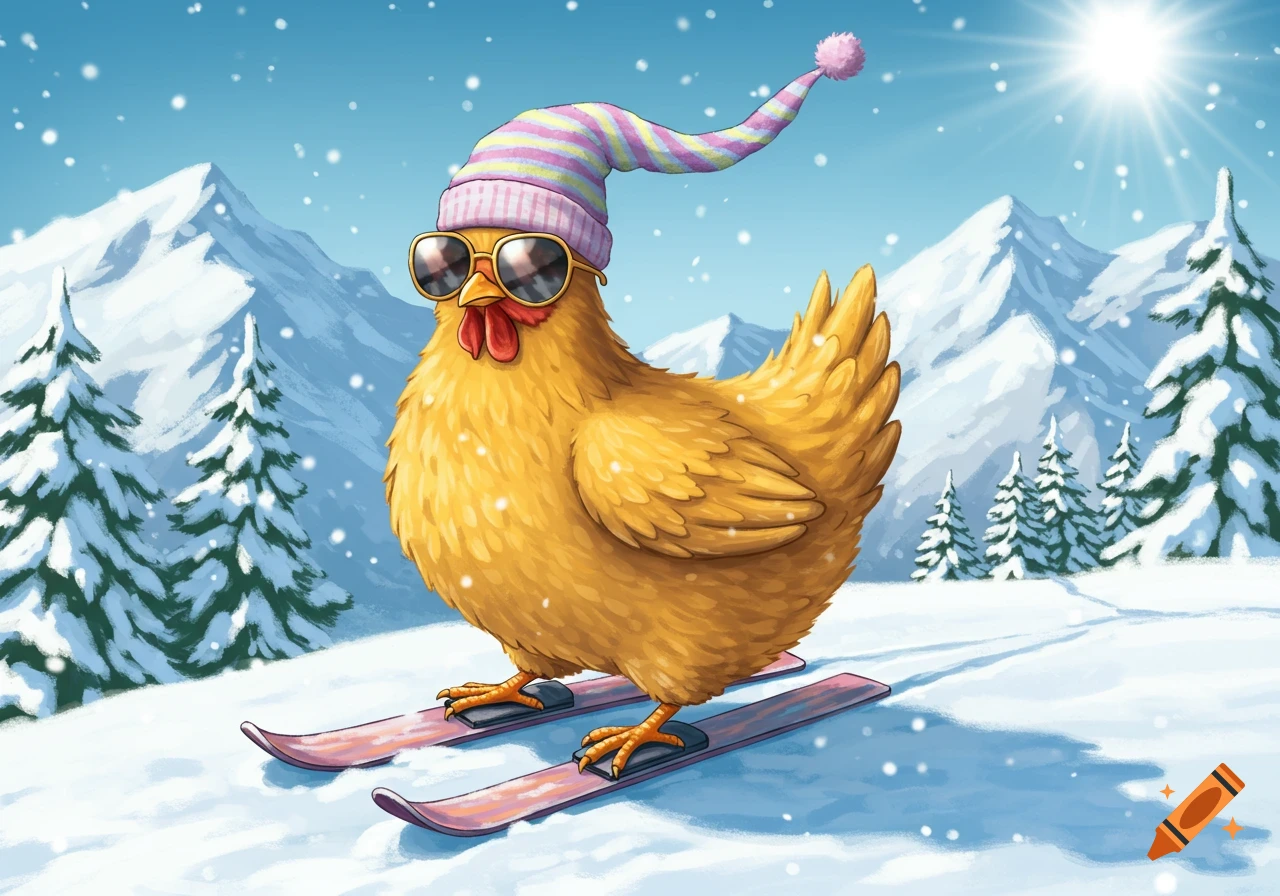 A cartoon chicken wearing a striped floppy hat and sunglasses skis down a snowy mountain, with pine trees and a bright sun.