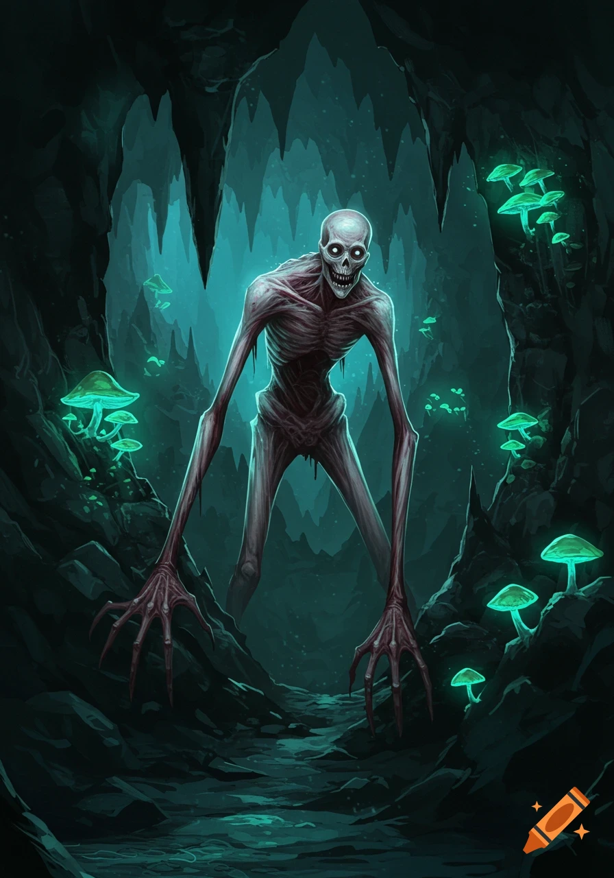 A tall, skeletal, pale creature with long fingers and a twisted smile stands in a dark, glowing mushroom-filled cave.
