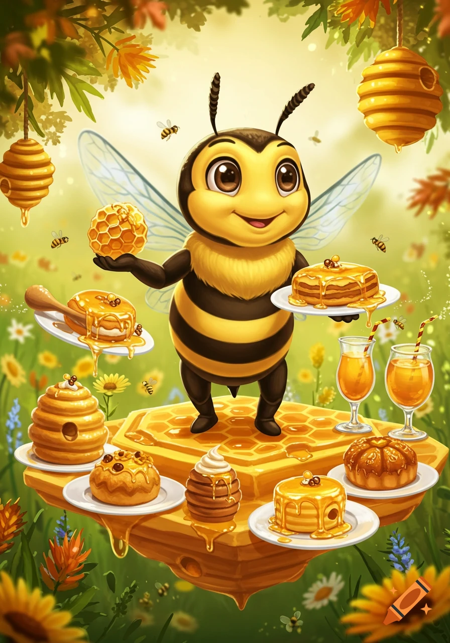 A cute cartoon bee mascot stands on a honeycomb platform, surrounded by honey desserts, drinks, and flying bees in a vibrant flower field.