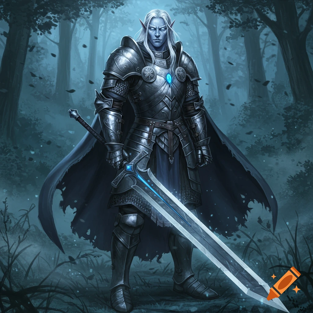 A male elf paladin with silver-blue skin and white hair, clad in dark heavy armor, stands in a misty forest holding a glowing greatsword.