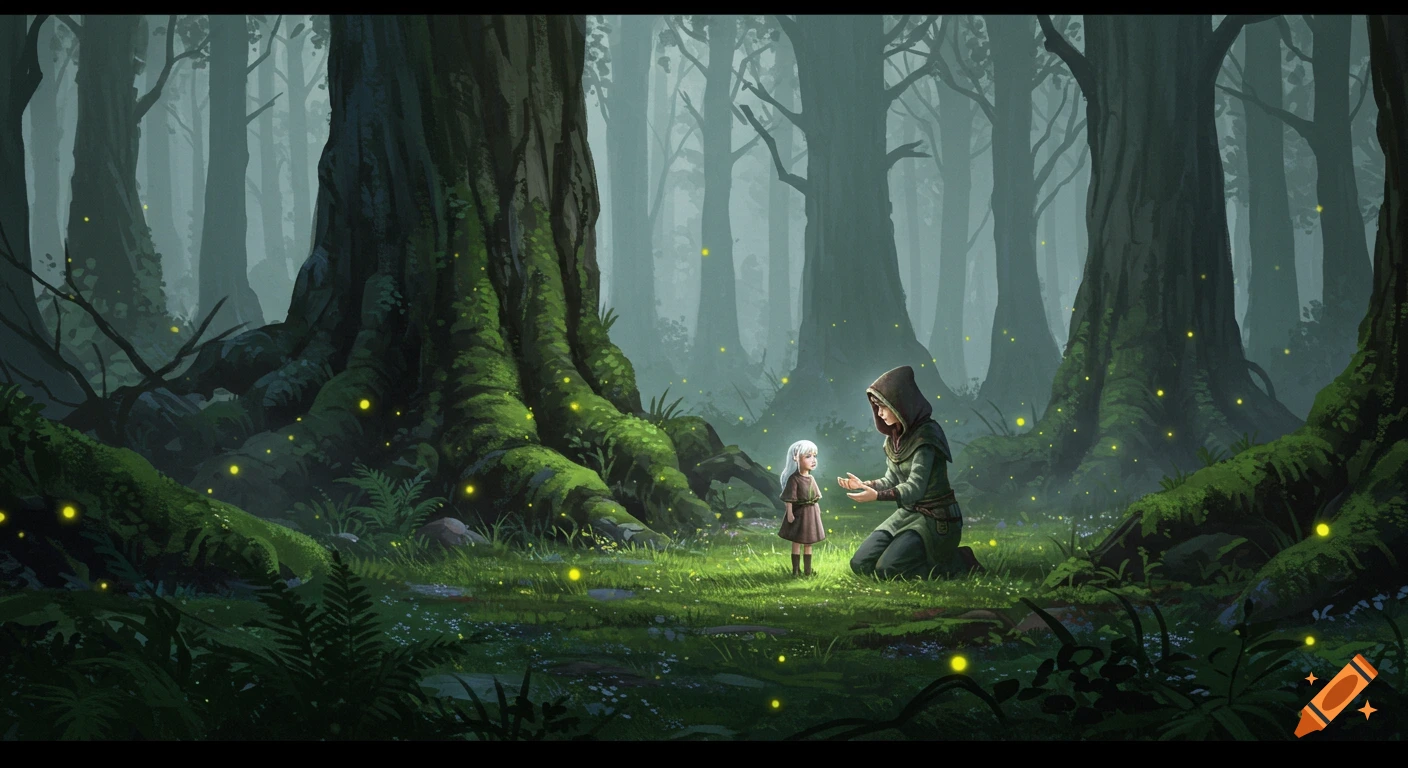 A hooded woman kneels before a glowing white-haired girl in a misty, mossy forest with fireflies, digital painting.