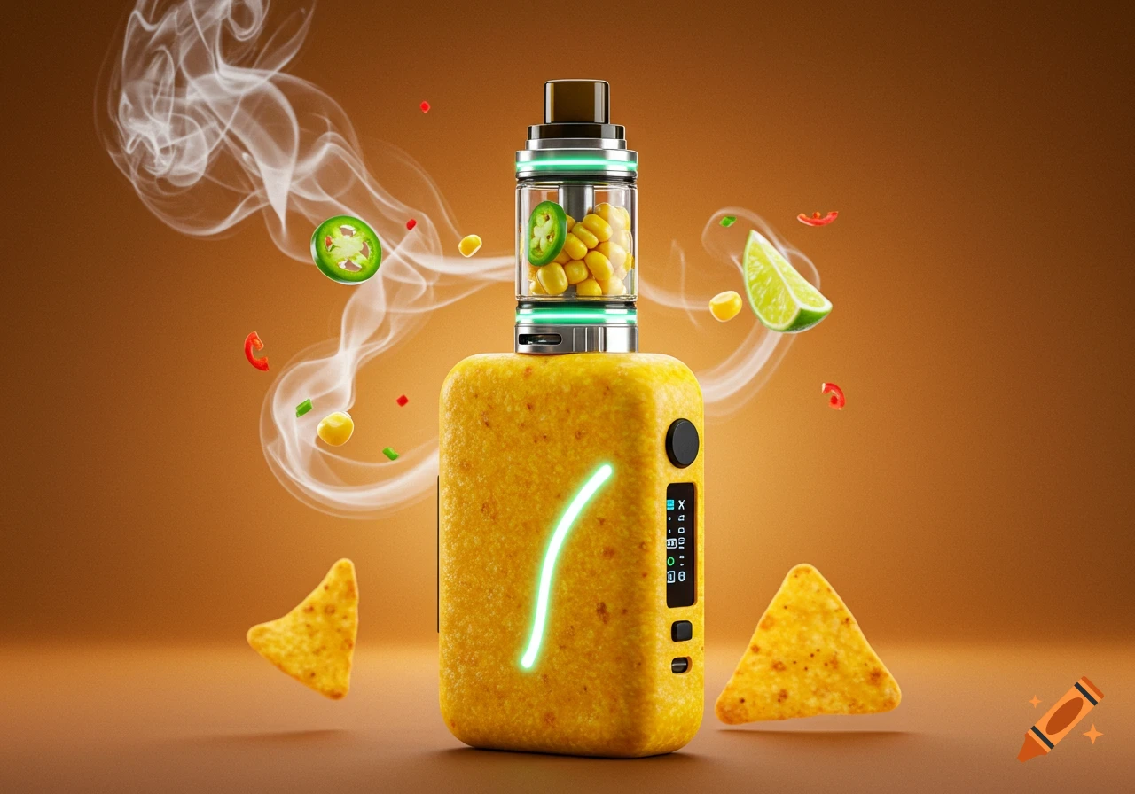 A corn chip flavored vape device with corn kernels and a jalape ja slices in its tank, surrounded by floating corn chips, chili flakes, a lime wedge, and smoke on a brown background.