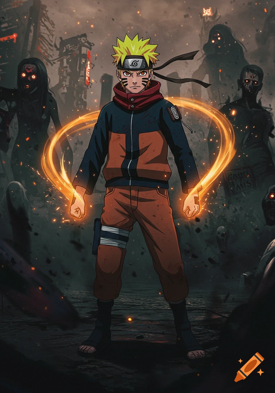 Naruto, an anime character, stands in a dark, ruined city surrounded by zombie-like figures, with glowing orange energy swirling around his hands.