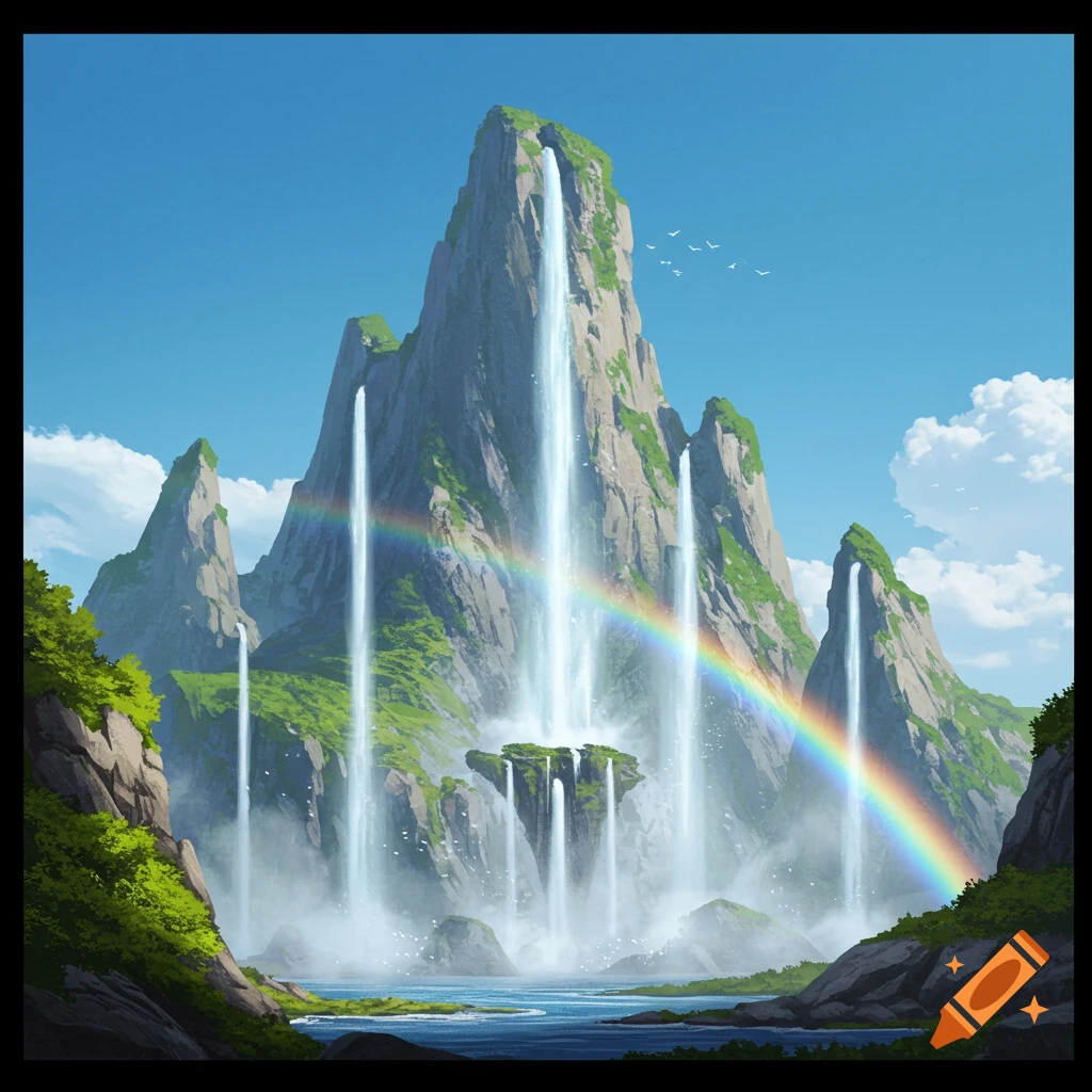 A vibrant anime-style landscape featuring a massive mountain with multiple cascading waterfalls and a bright rainbow arching over them, reflecting in a serene lake below.