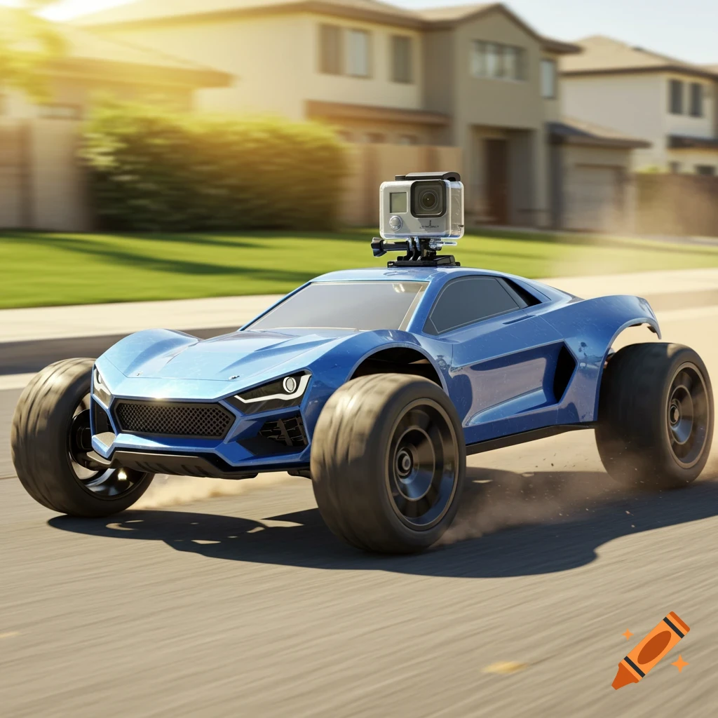 A blue remote control car with a GoPro camera on its roof speeds down a residential street under sunlight, kicking up dust.