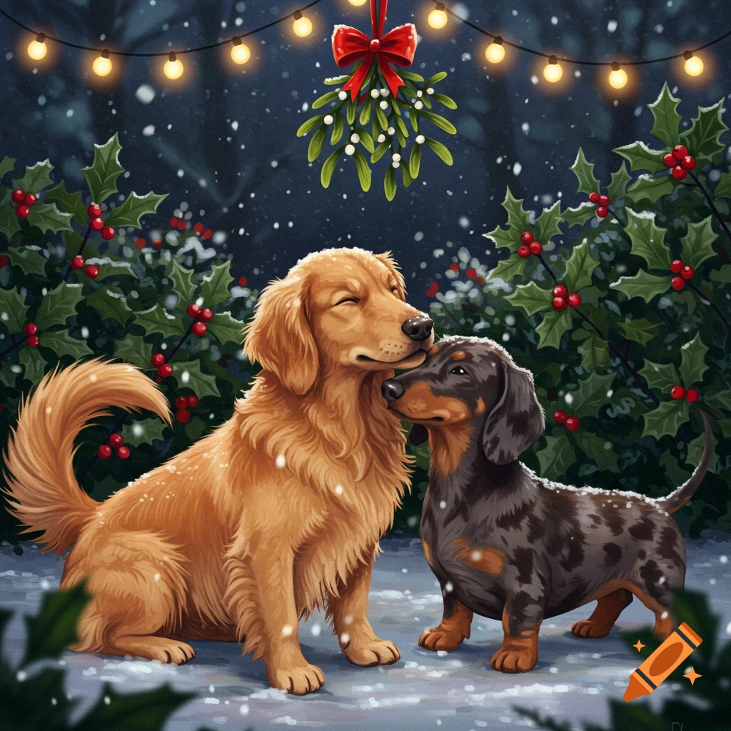 An illustration of a golden retriever and a dachshund nuzzling in the snow under a mistletoe, surrounded by holly and string lights.