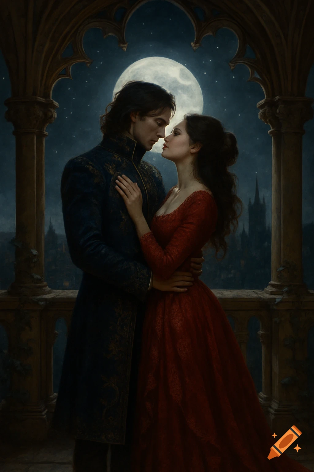 A man and woman in historical attire embrace on a gothic balcony under a full moon, with a dark city in the background.