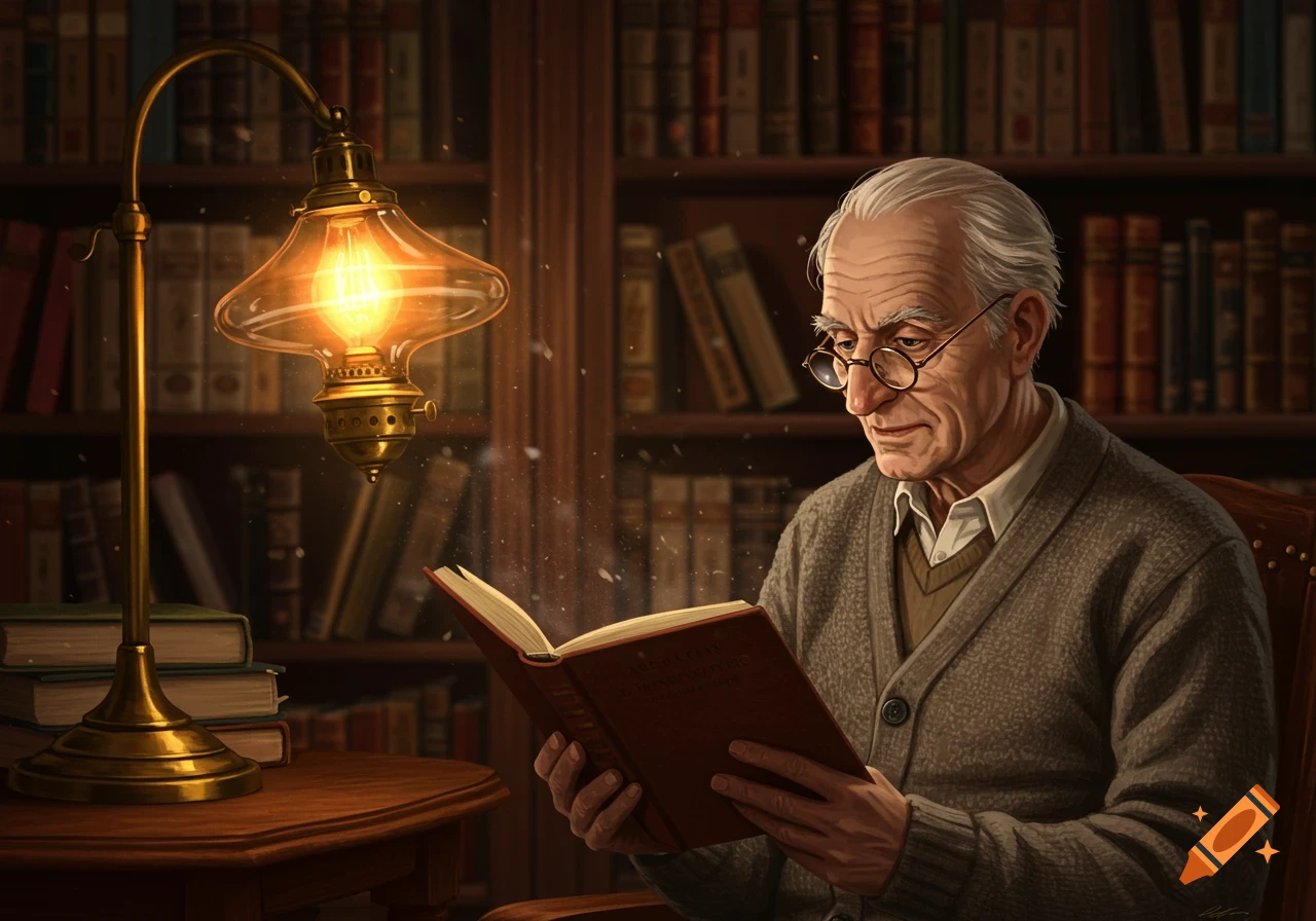 An old man with glasses reads a book under the warm glow of an ornate lamp in a dimly lit library.