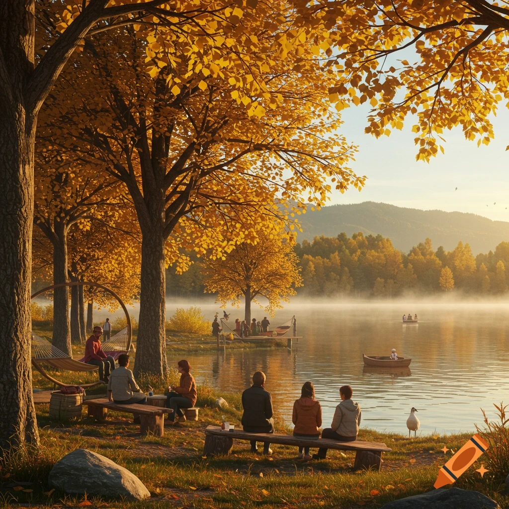 Photorealistic autumn scene by a misty lake with people sitting on benches and a pier, surrounded by golden-leaf trees.