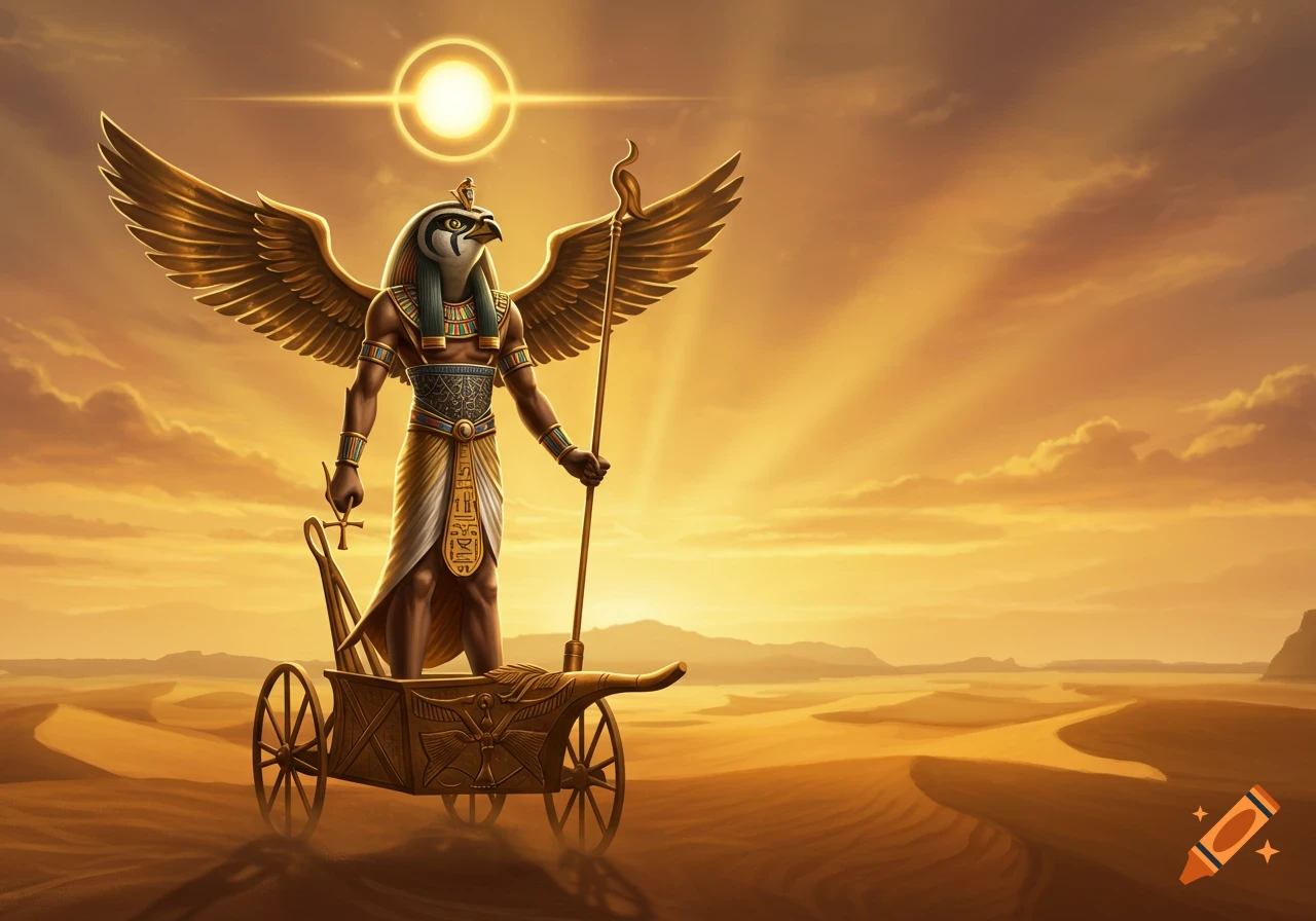 The Egyptian god Ra, falcon-headed with golden wings, stands in a chariot in a radiant desert landscape at sunset. Dramatic illustration.