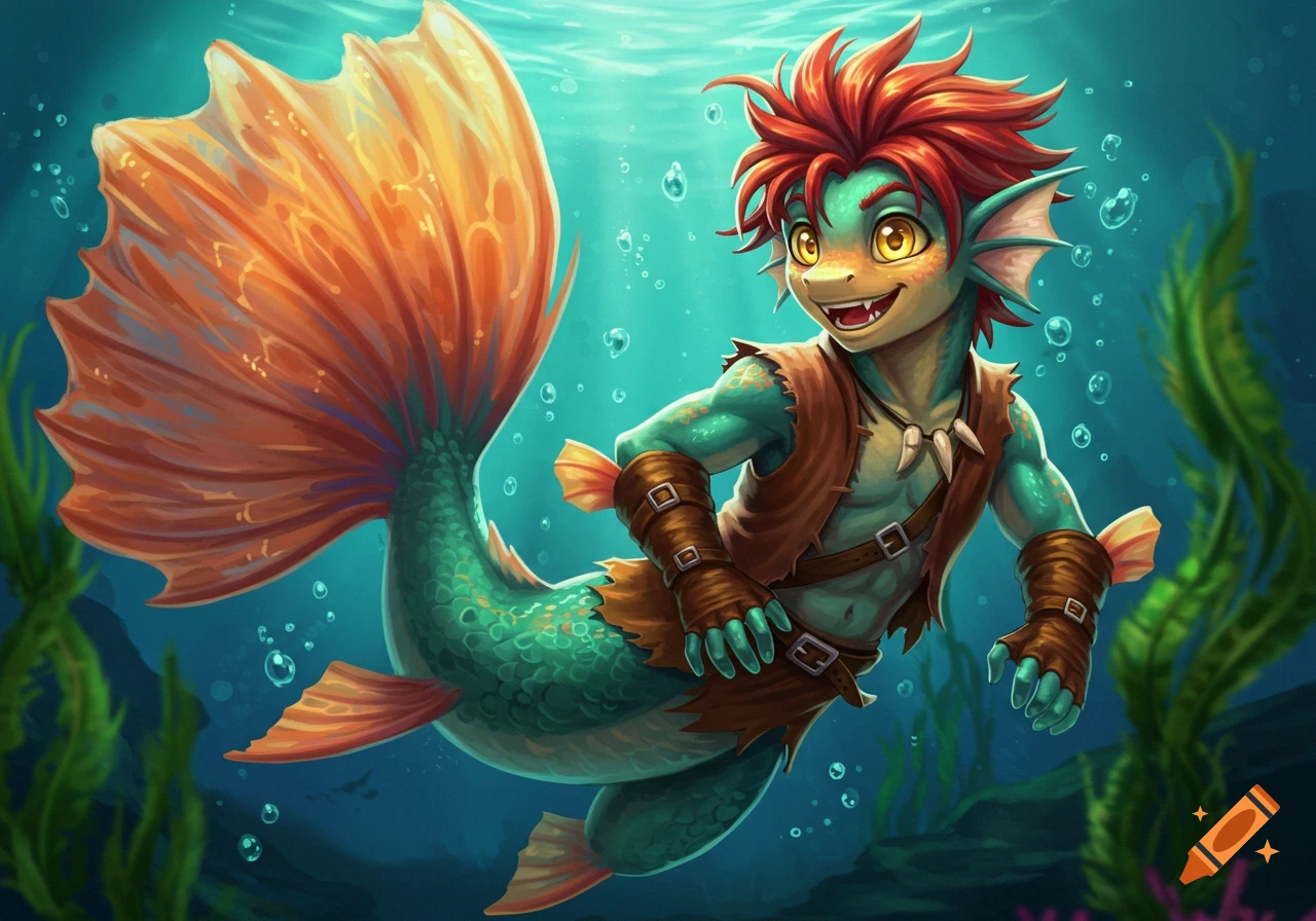 A cartoon merman with teal skin, red spiky hair, and an orange fish tail swims underwater, smiling. He wears a brown vest.