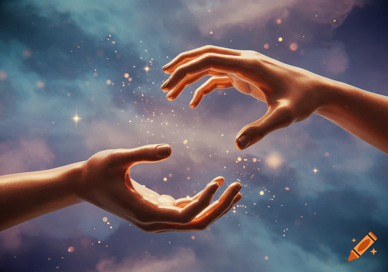Two stylized hands reach towards each other amidst glowing particles against a dramatic, cloudy sky.