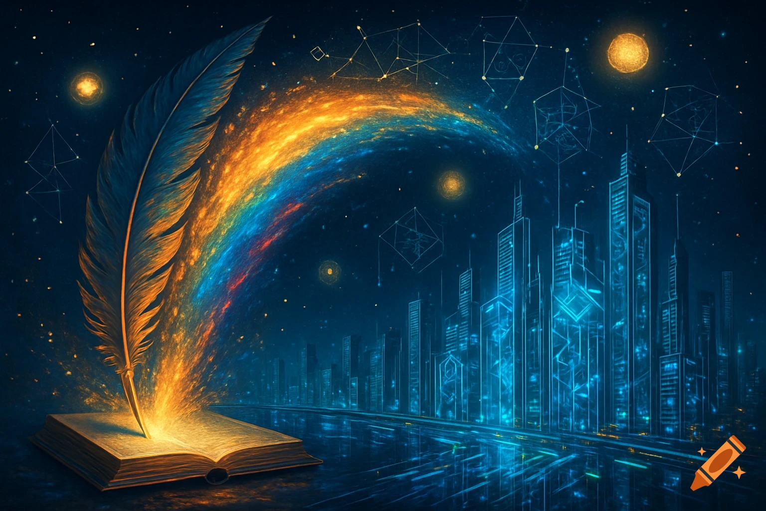 Digital art of a quill pen in an open book emitting a rainbow light stream over a glowing blue futuristic city at night.