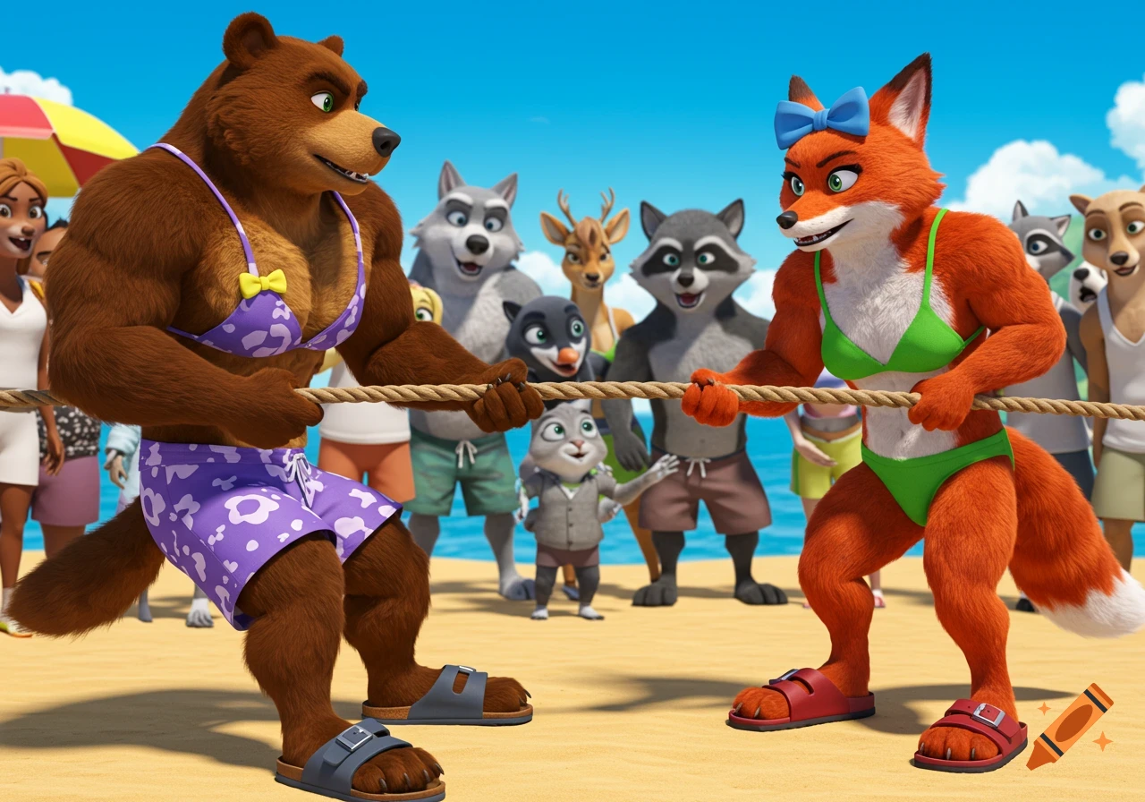 A muscular anthropomorphic brown bear in a purple bikini and a red fox in a green bikini play tug-of-war on a sunny beach, watched by other cartoon animals.