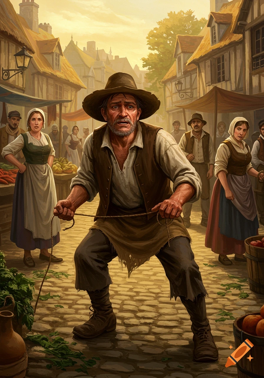 A distressed peasant man in a wide-brimmed hat holds a rope in a bustling historical market scene with villagers.
