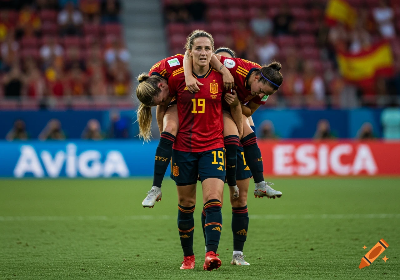 A Spanish woman soccer player in a red jersey with number 19 carries two teammates on her shoulders across a green field.