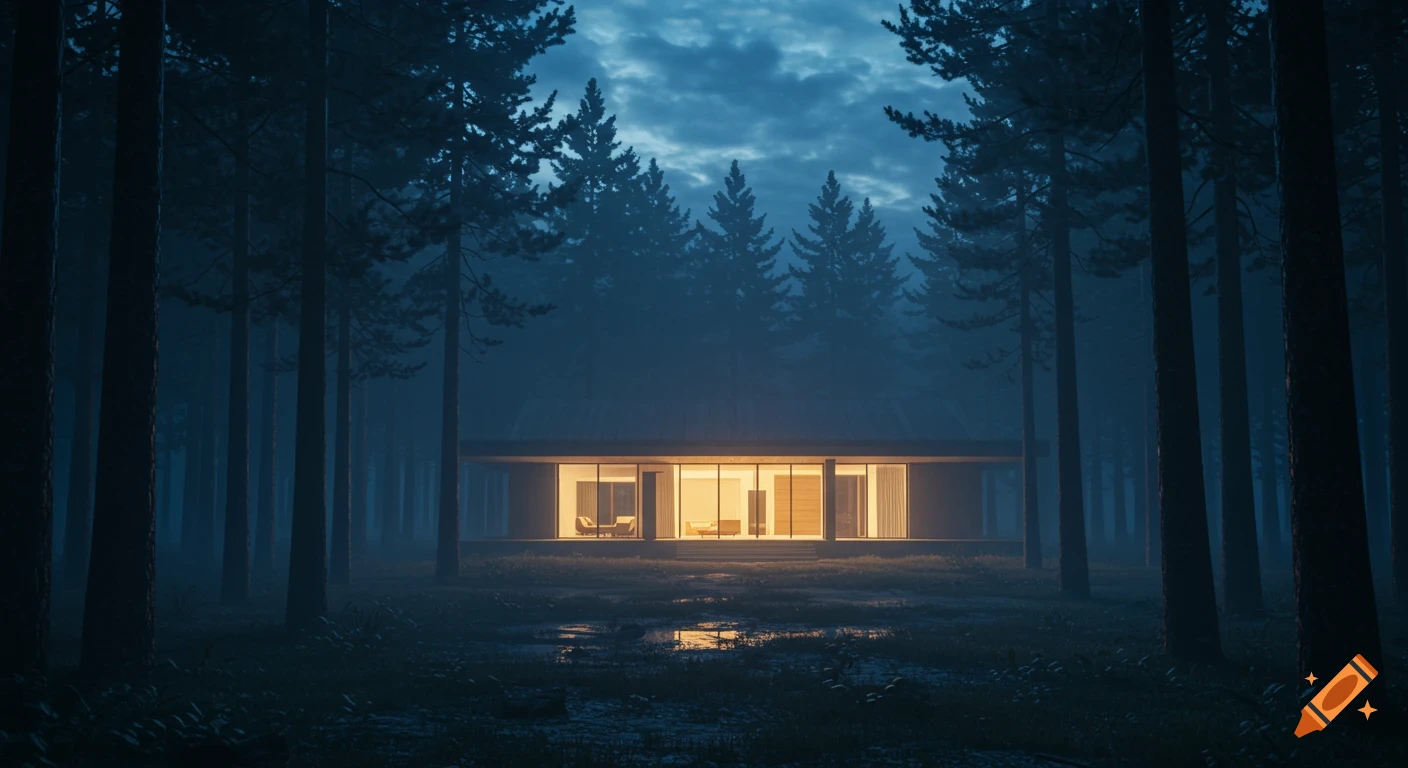 Photorealistic modern building with glowing interior lights in a misty pine forest at night, reflecting on damp ground.