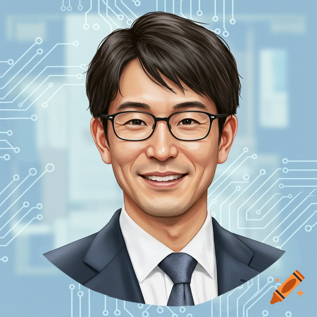 Digital portrait of a smiling Japanese man in glasses, suit, and tie, against a light blue circuit board background.