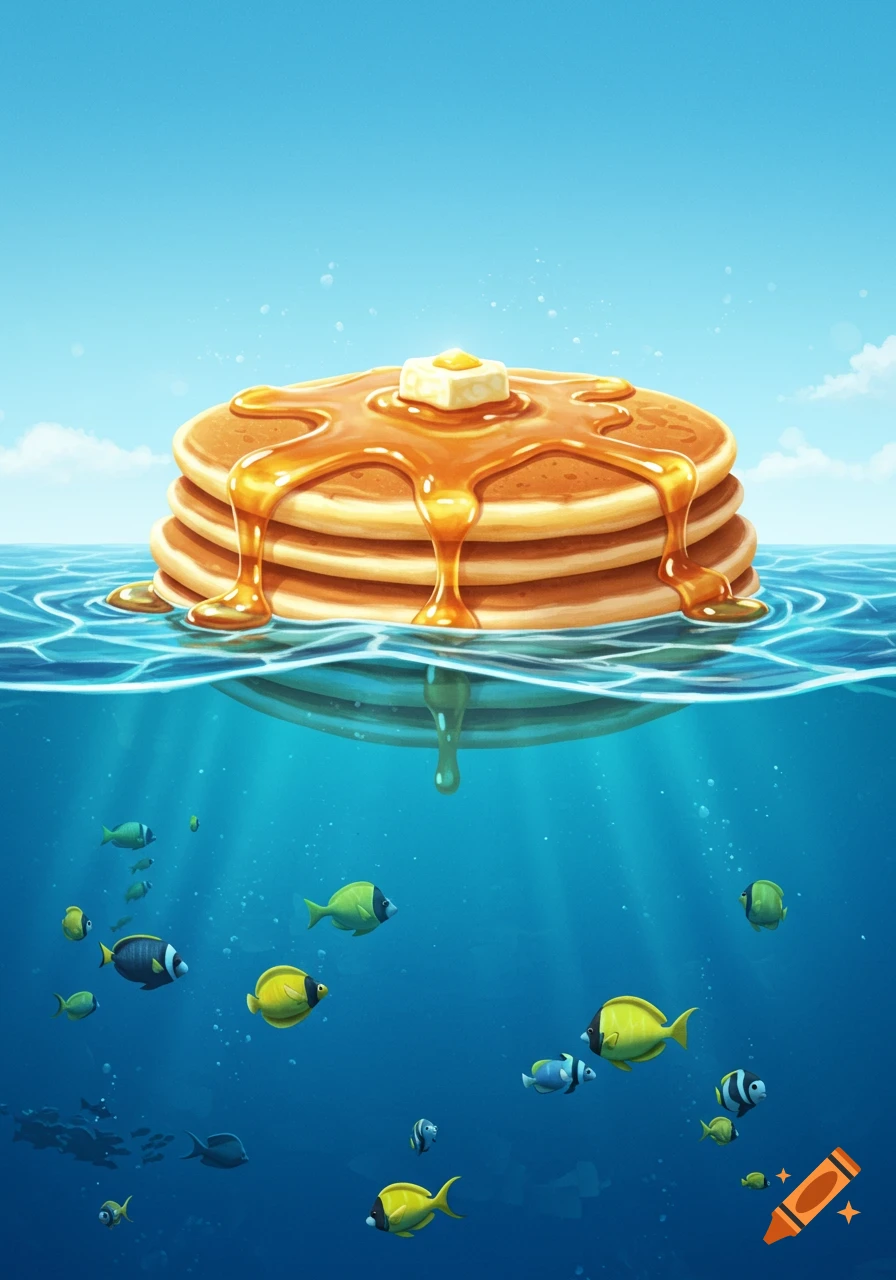 A whimsical illustration shows a stack of pancakes with syrup and butter floating on the ocean, with colorful fish swimming below.