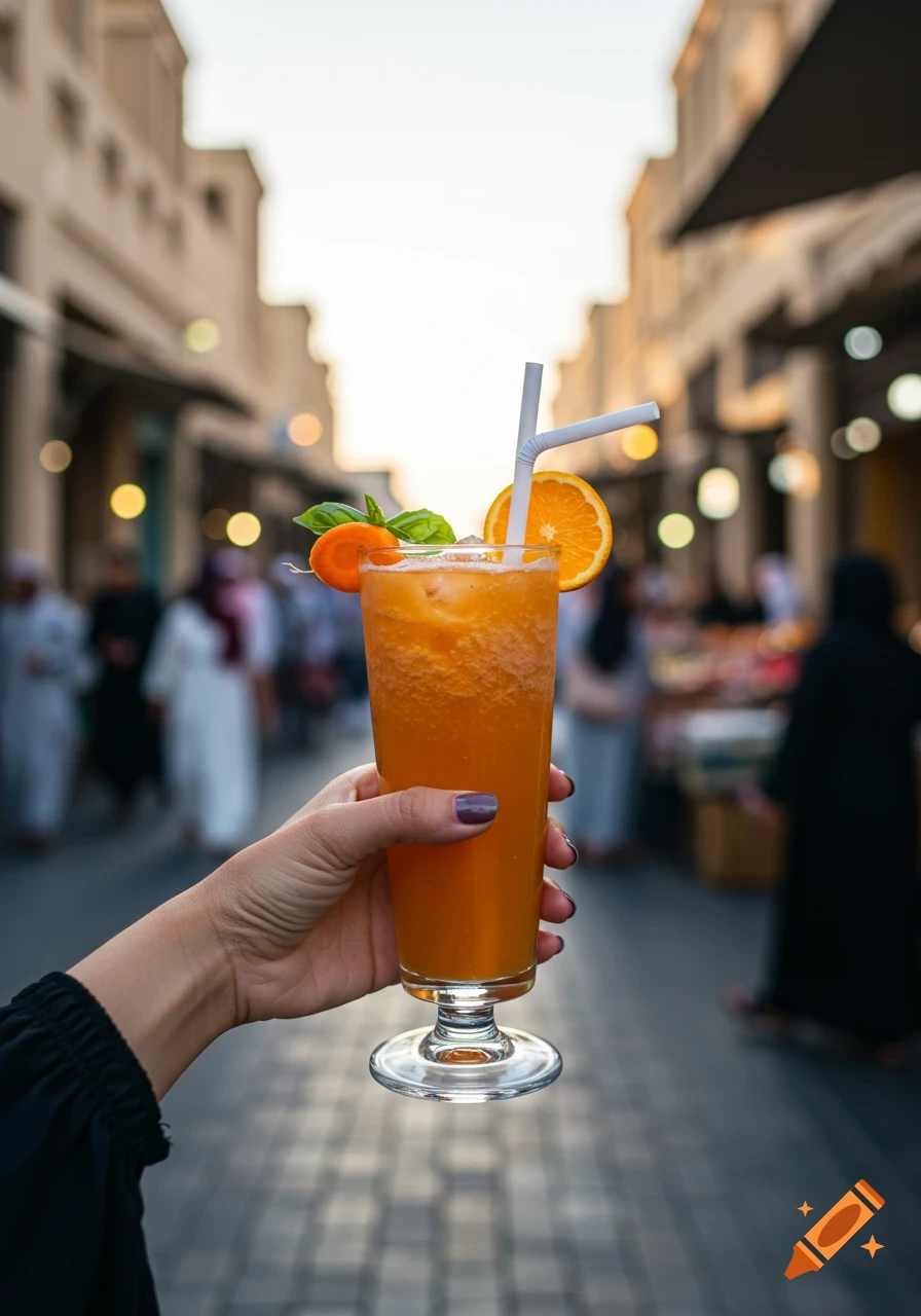 Woman's hand holding a tall glass of orange juice with garnish against a blurred market background, photorealistic style.