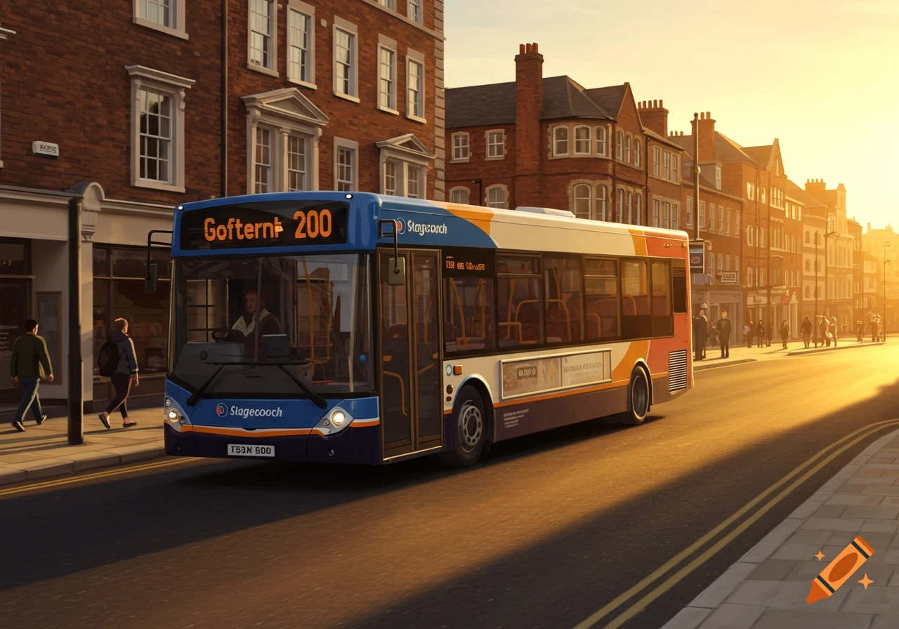 A blue and white Stagecoach bus with orange and yellow accents drives down a city street at sunset, with brick buildings lining the road.