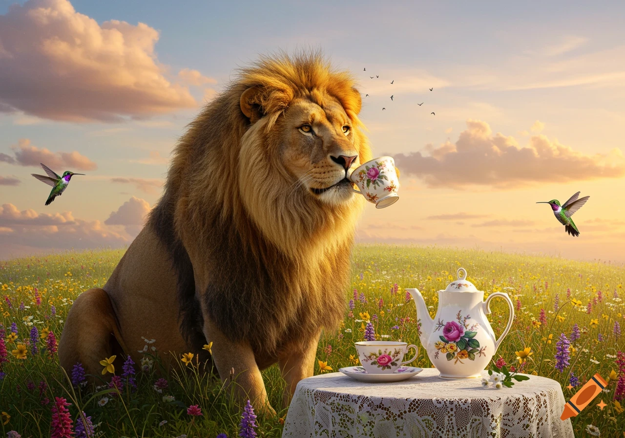 Photorealistic lion sips tea from a teacup at a lace-covered table in a vibrant wildflower field with hummingbirds.