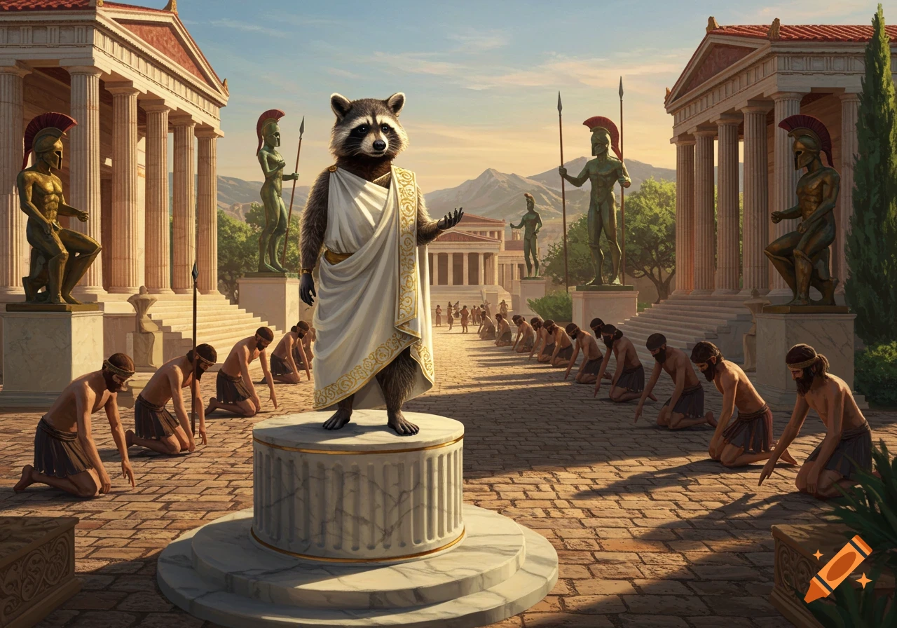 A photorealistic image of a raccoon in a toga on a pedestal in an ancient Greek courtyard, with many men kneeling before it.
