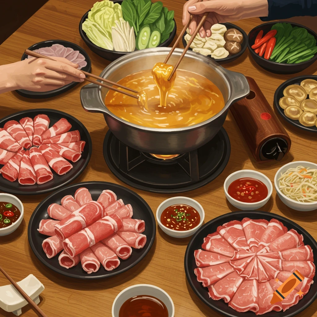 A table set with a simmering hot pot, raw meat slices, fresh vegetables, mushrooms, and various dipping sauces, ready for a meal.