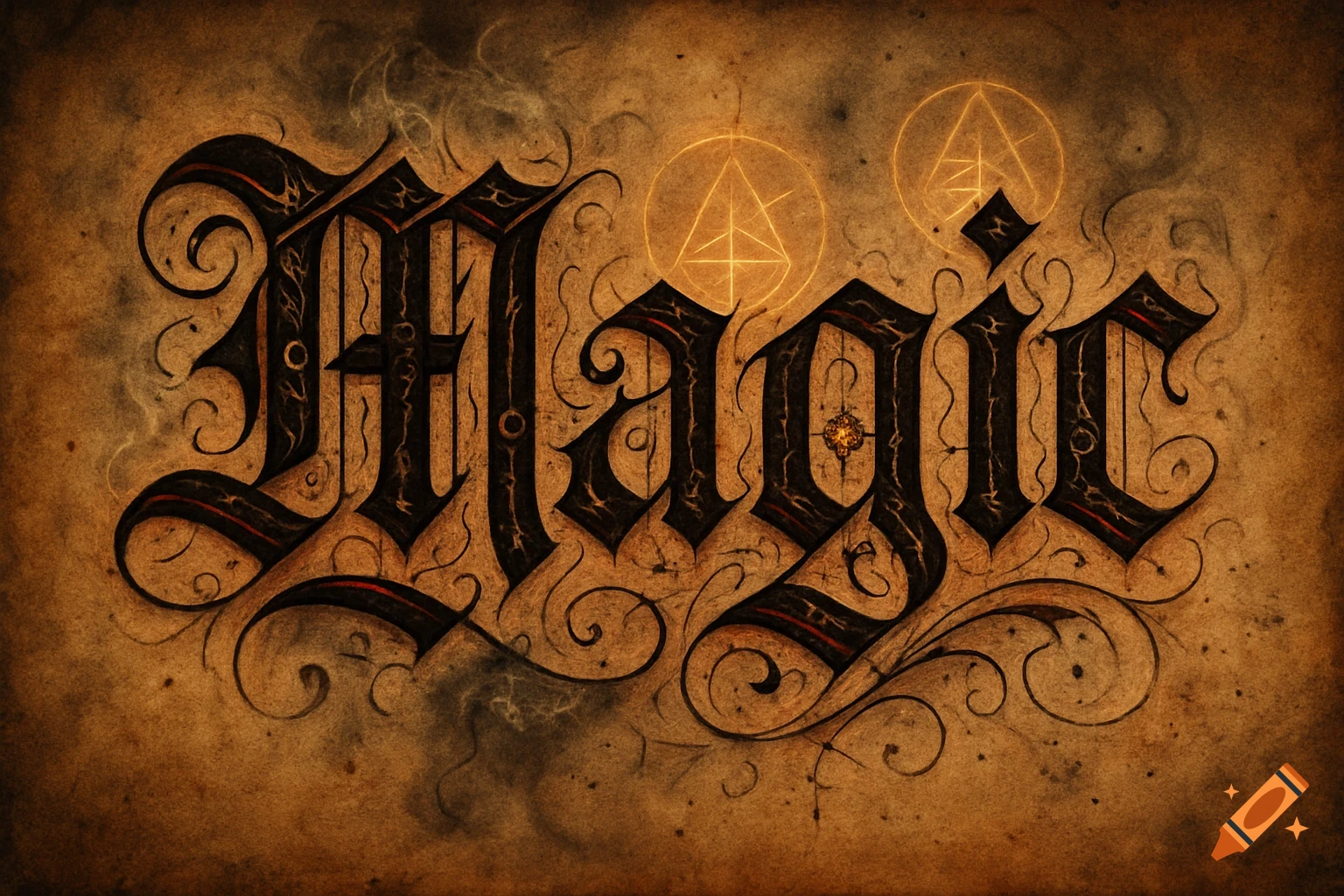Ornate blackletter calligraphy spelling 'Magic' on an aged, textured parchment background with subtle glowing geometric symbols.