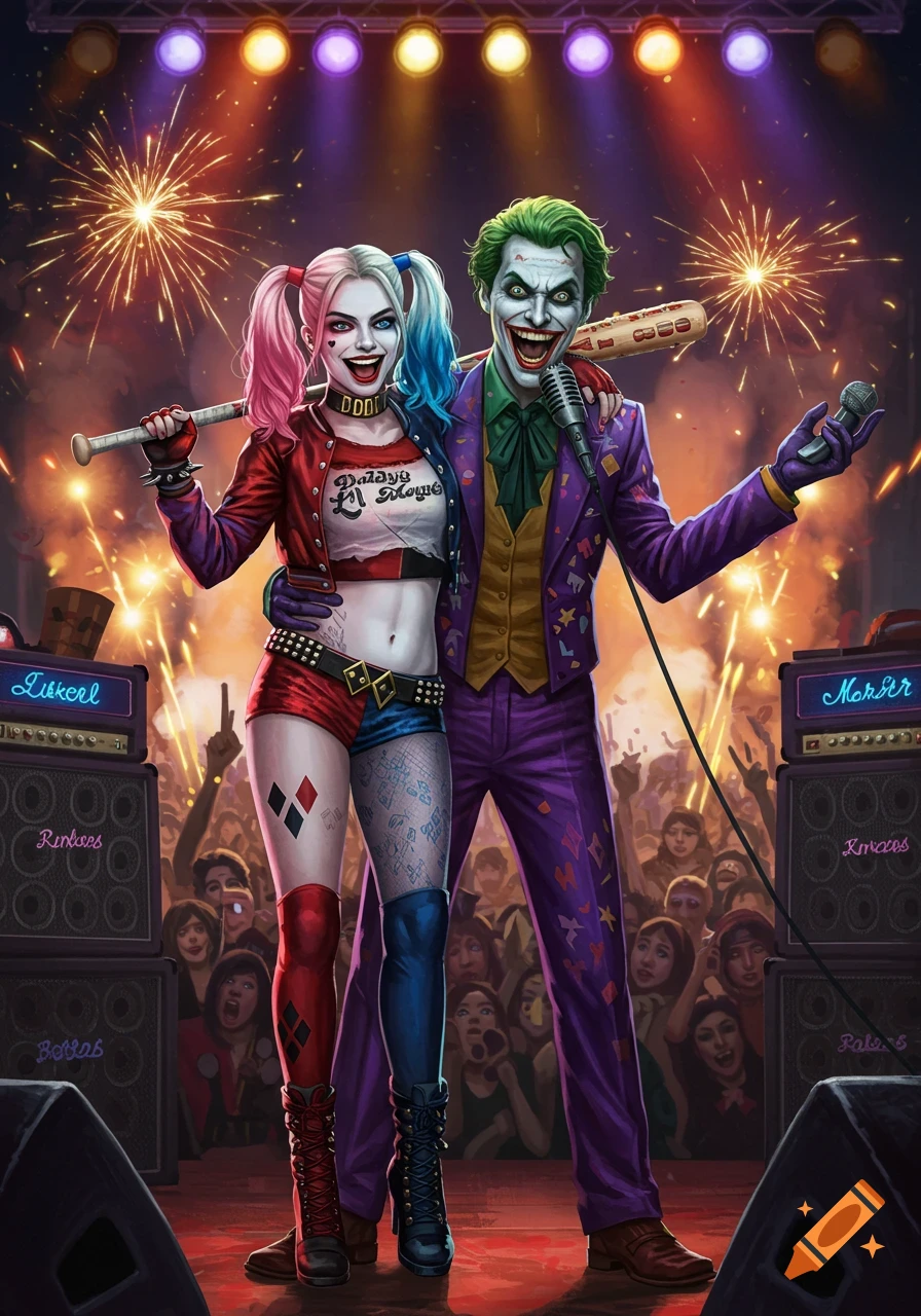 Harley Quinn and Joker as rockstars on stage, with fireworks and a cheering crowd in the background. Harley holds a bat, and Joker holds a microphone.
