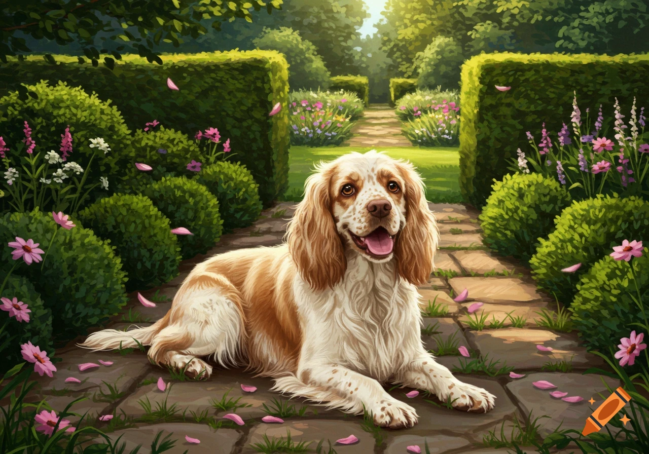 A happy brown and white spaniel dog lies on a stone path in a lush green garden with hedges, trees, and pink flowers in a stylized painting.