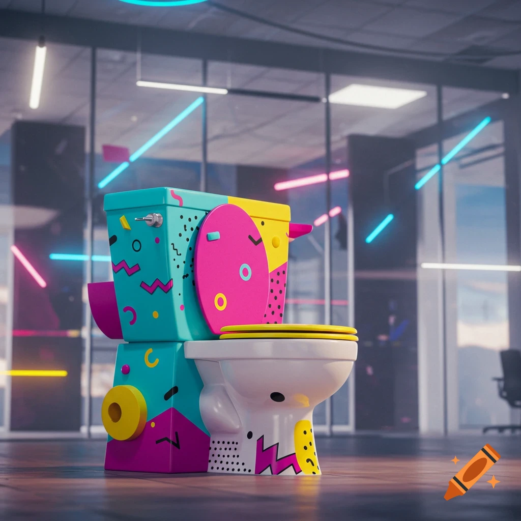 A stylized toilet in vibrant Memphis design, featuring geometric patterns in teal, pink, yellow, and purple, sits on a wooden floor in a modern office building with neon lights.