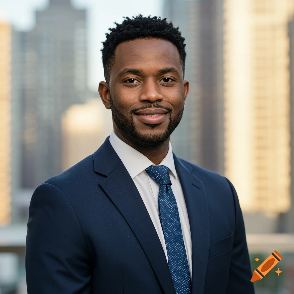 Photorealistic portrait of a smiling Black man in a dark suit and blue tie, blurred city background.