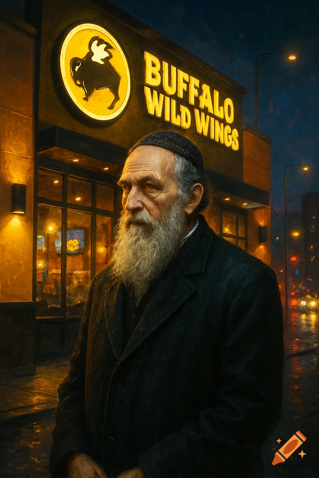 An elderly bearded man wearing a kippah stands in front of a brightly lit Buffalo Wild Wings restaurant at night.