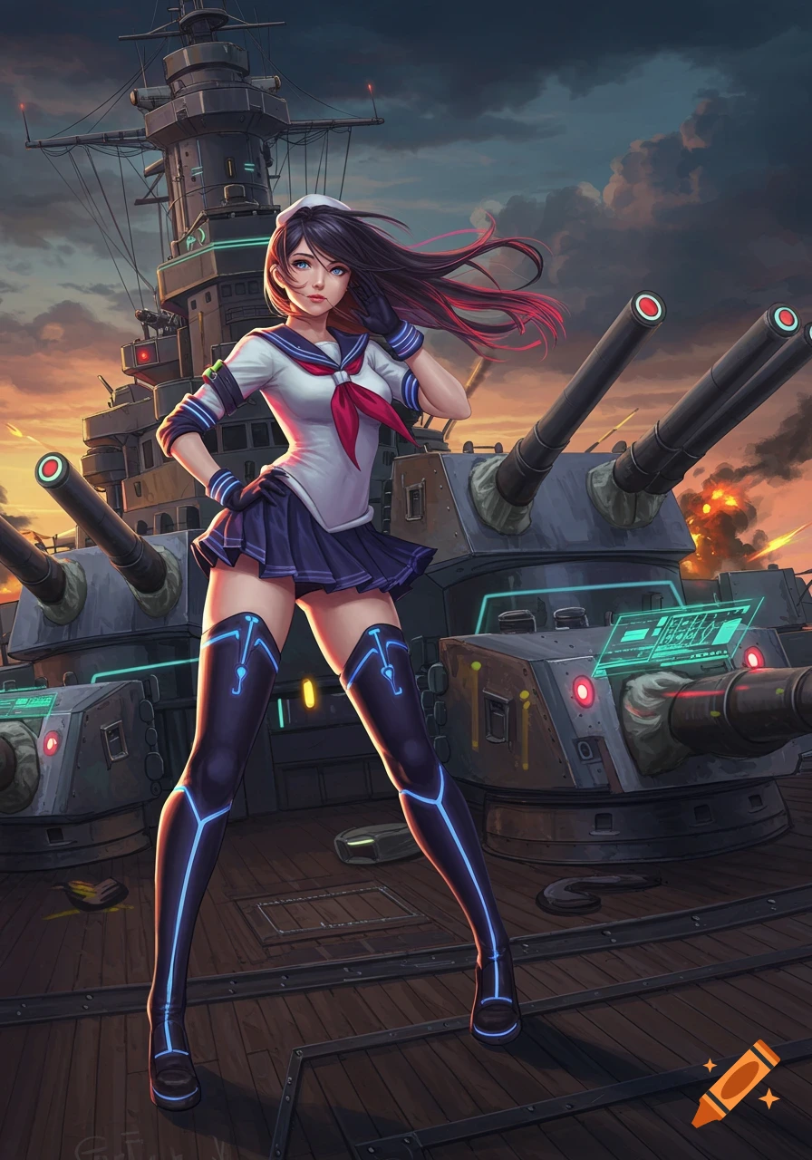 Anime girl in a sailor uniform and glowing thigh-highs stands on a futuristic battleship deck at sunset.